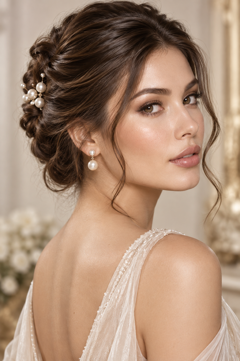 Pearl-pinned twist mother of the bride updos
