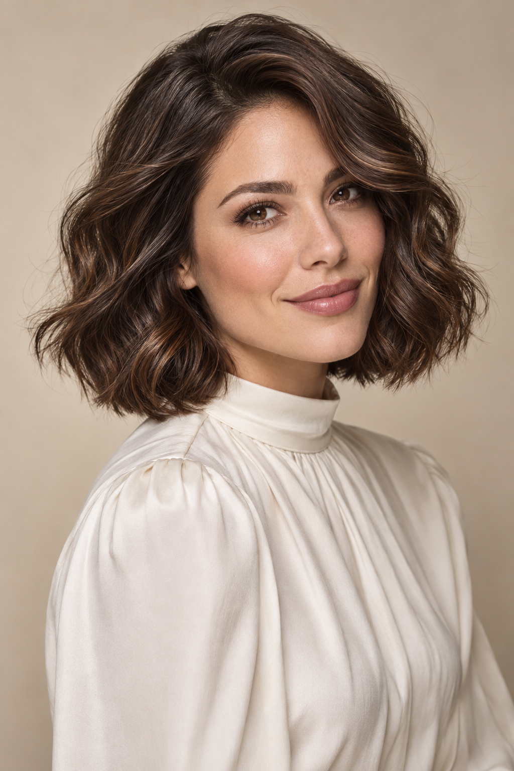 wavy bob haircuts: glossy brunette wavy bob