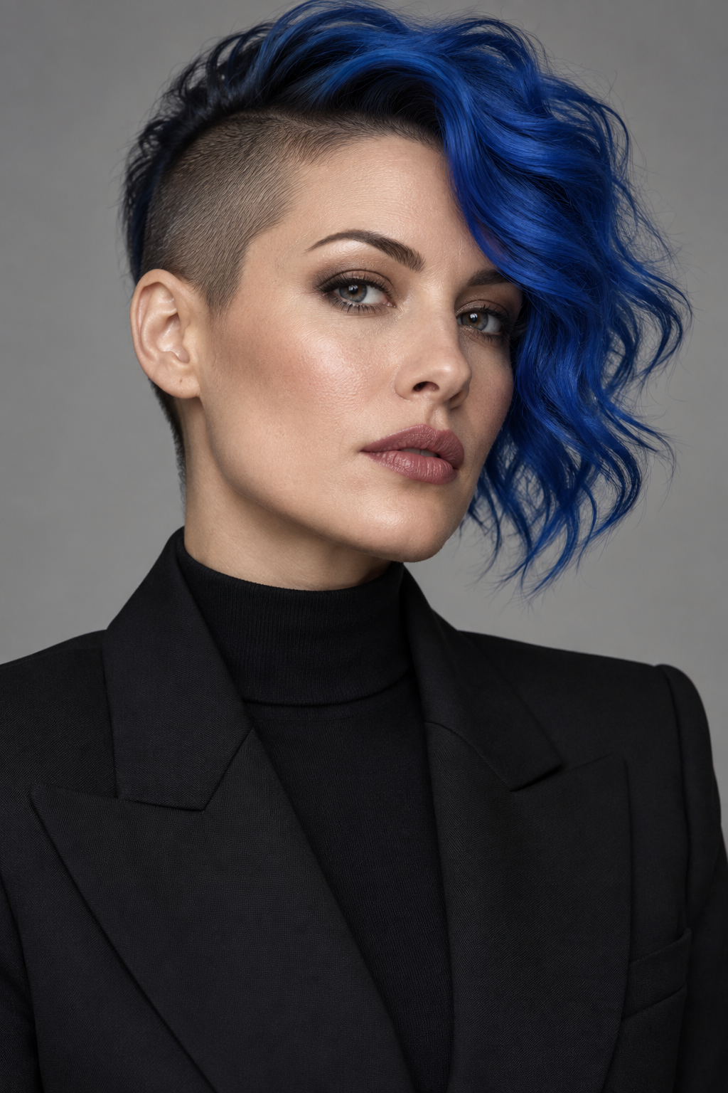 90s grunge hairstyles: half-shaved blue waves