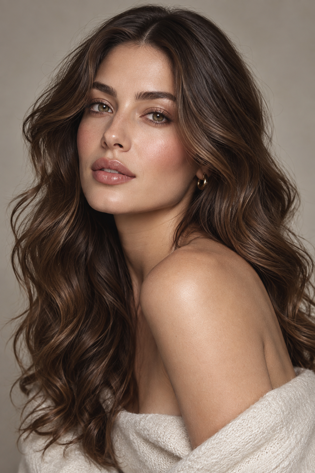 wavy brown hair: center-parted soft waves