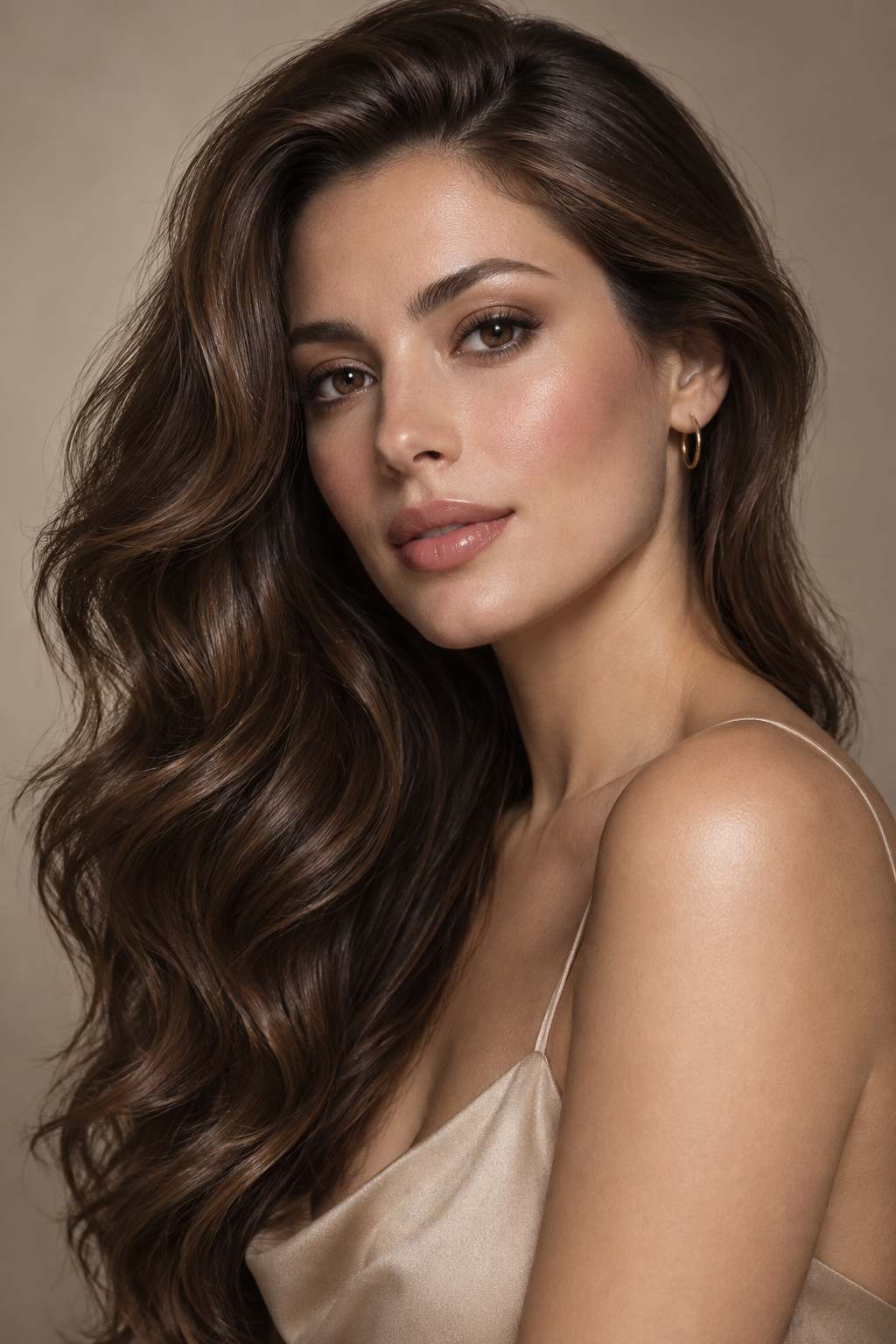 wavy brown hair: side-parted brunette waves