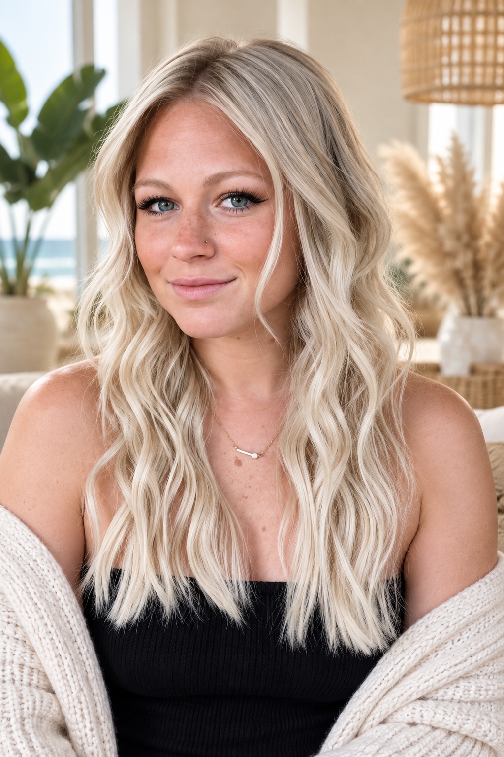 Wavy hair with a center part wavy beach hairstyle
