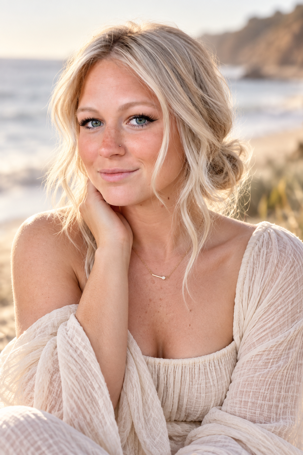 Low beachy bun wavy beach hairstyle