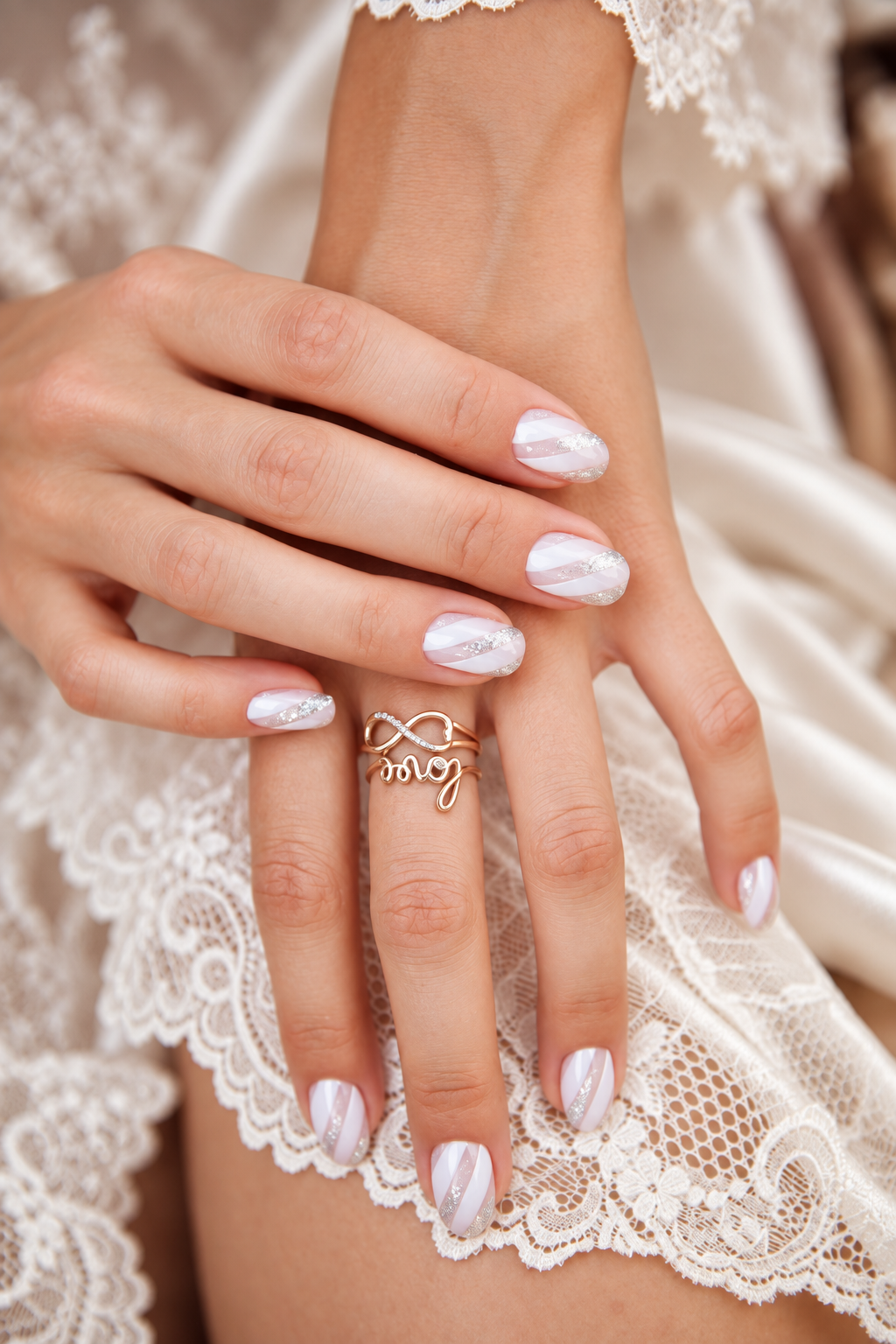 wedding nail ideas for brides: elegant white and silver stripes