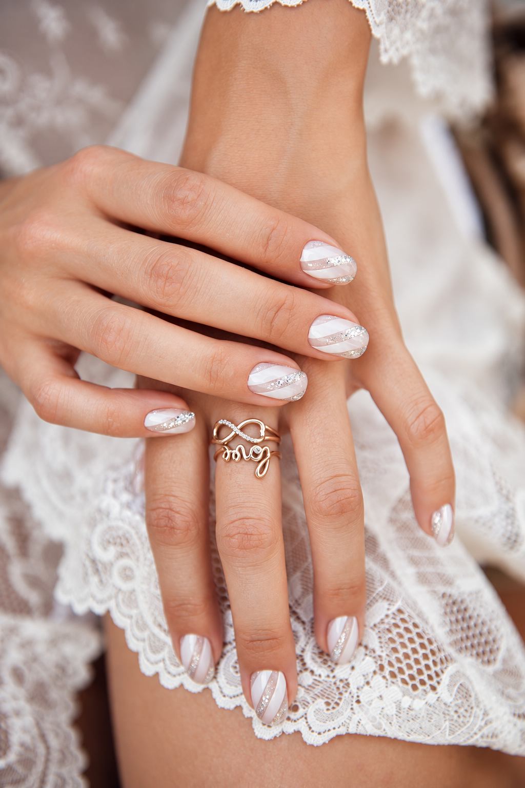 wedding nail ideas for brides: rhinestone french manicure