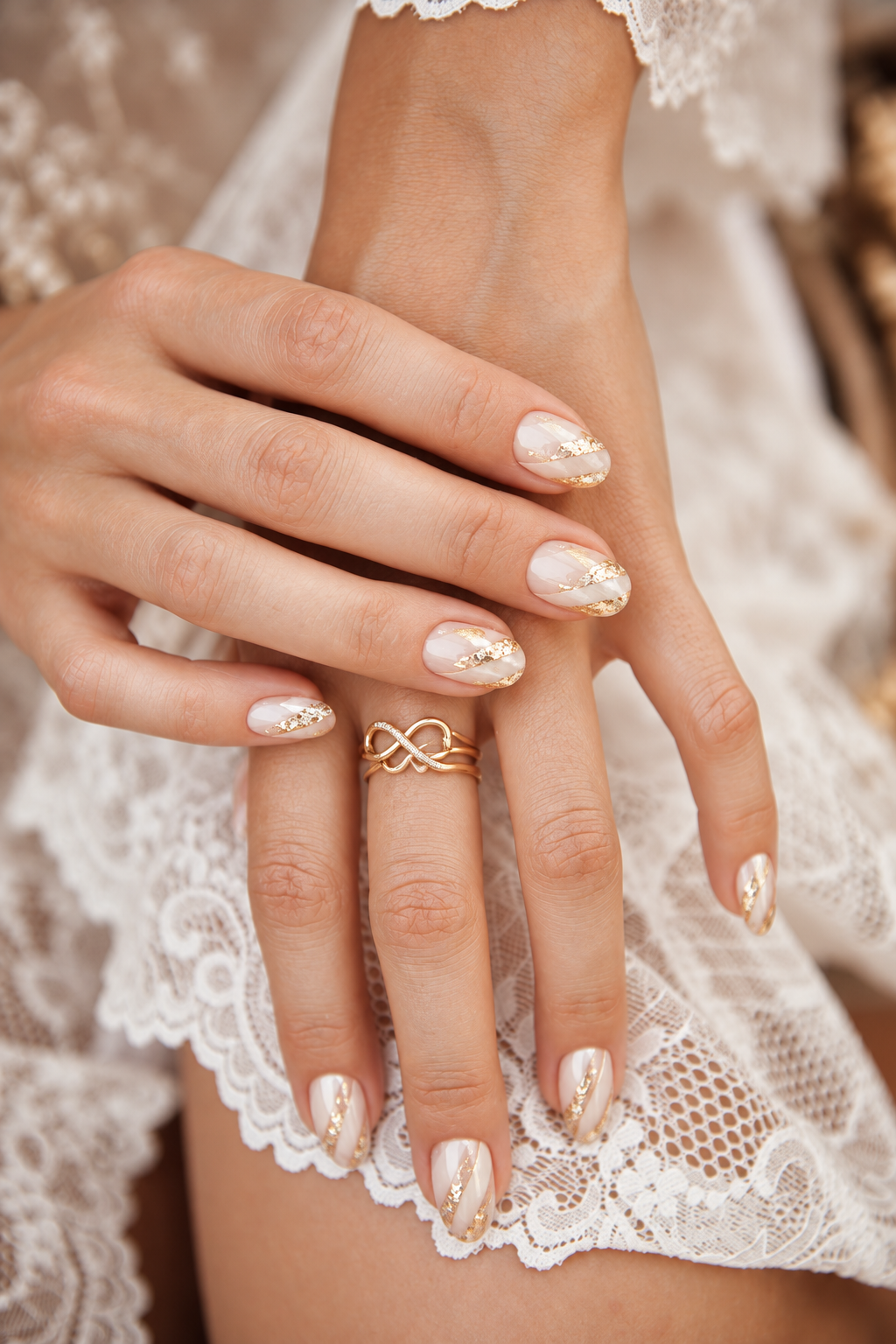wedding nail ideas for brides: gold foil almond nails