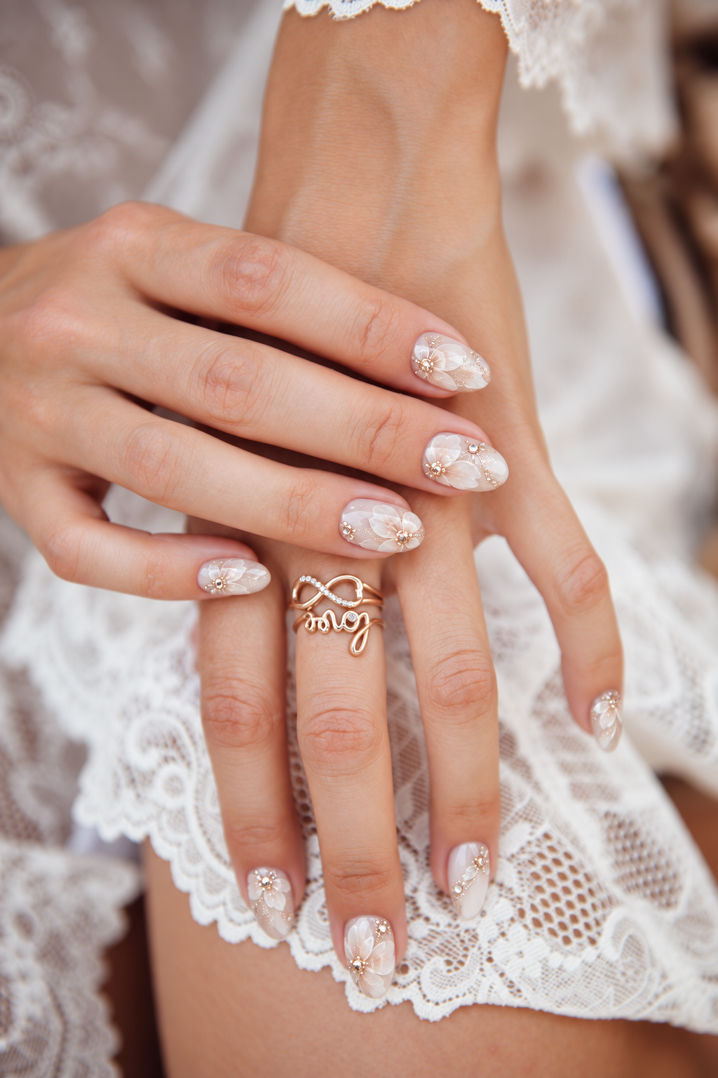 wedding nail ideas for brides: ombre flowers and rhinestones