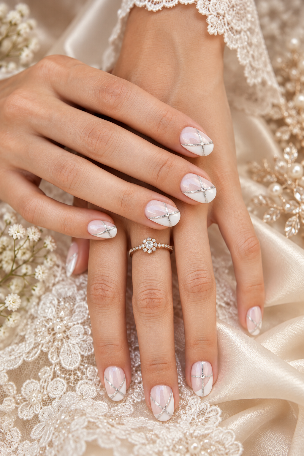 wedding nail ideas for brides: white tips with silver crosses