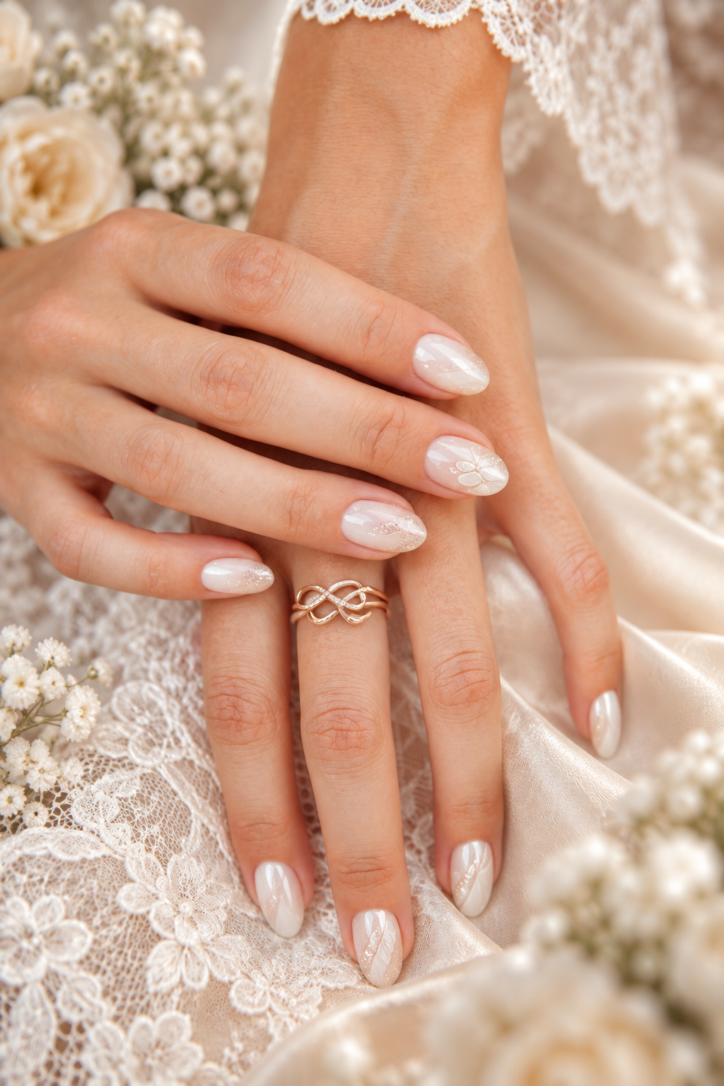 wedding nail ideas for brides: soft ombre floral accents