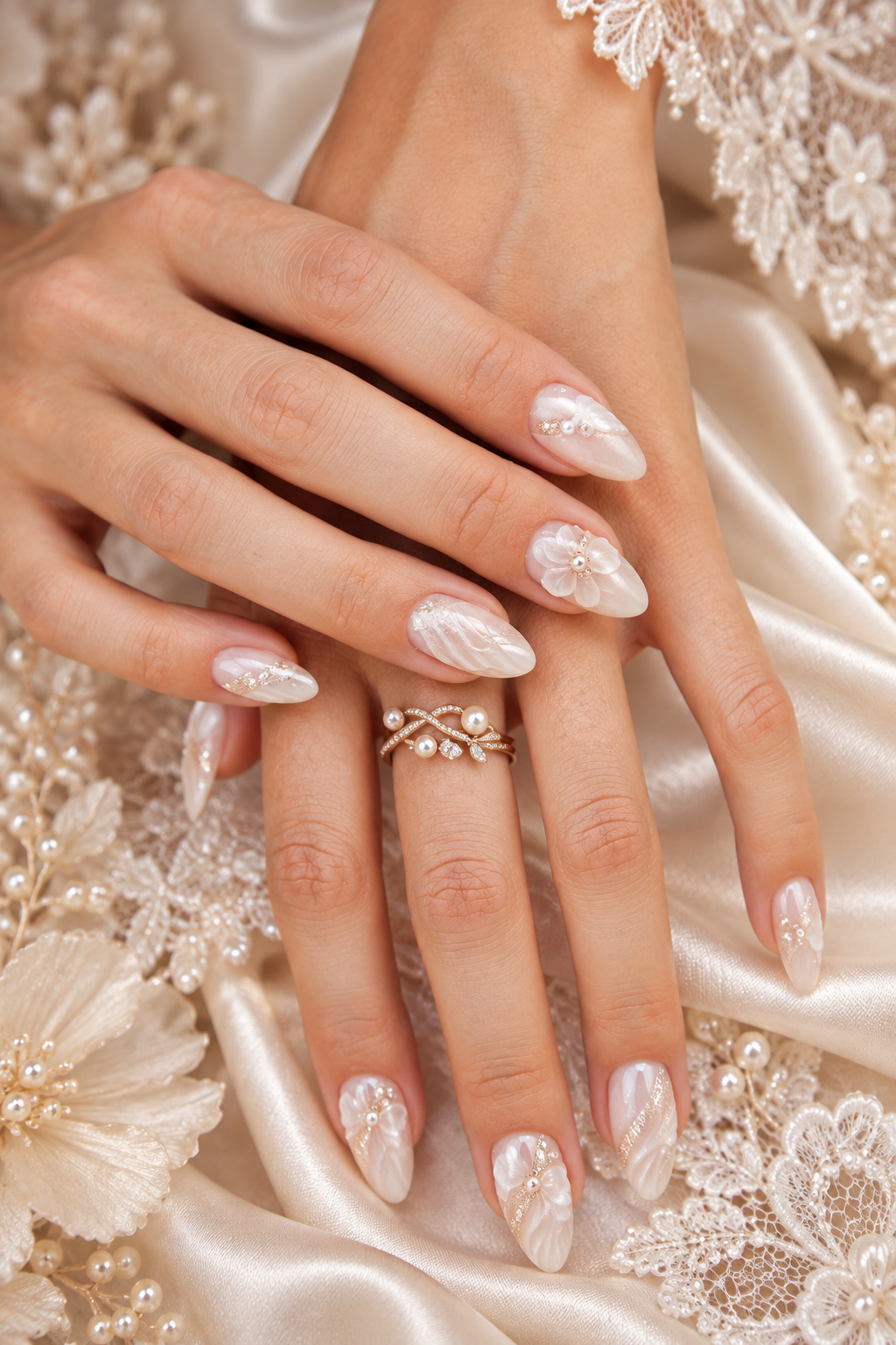 wedding nail ideas for brides: stiletto florals and shell details