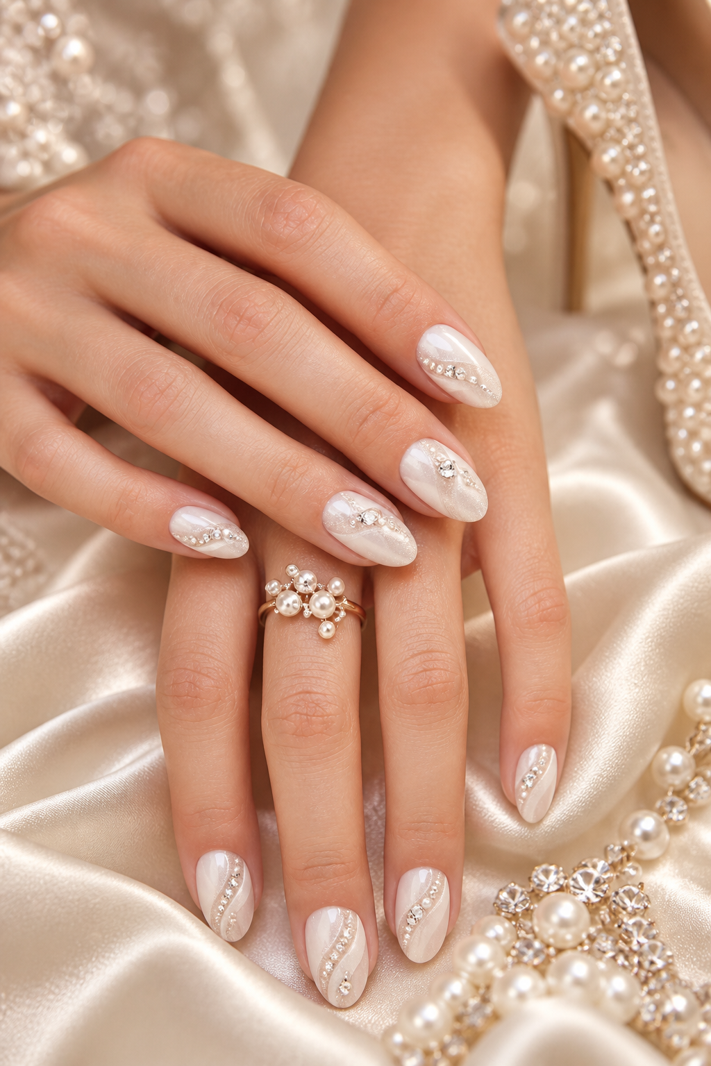 wedding nail ideas for brides: pearl and rhinestone stilettos
