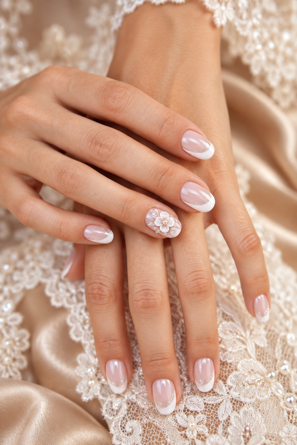 wedding nail ideas for brides: french manicure with a raised flower