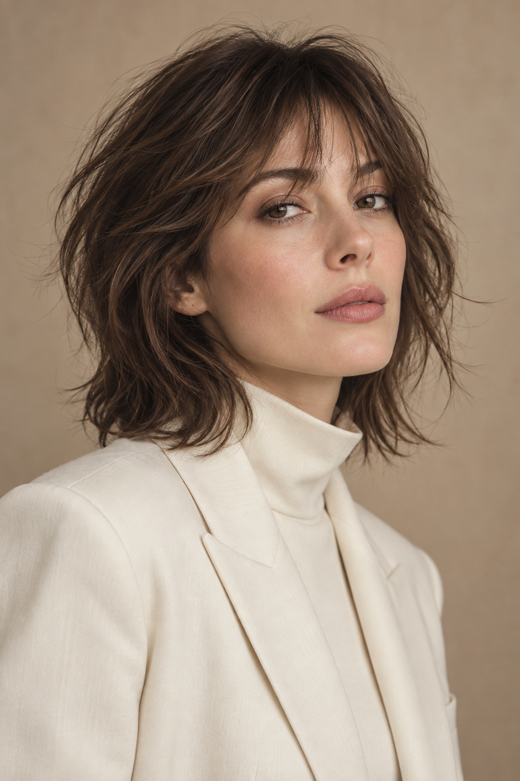 very layered medium length hairstyles: wispy layers with subtle bangs