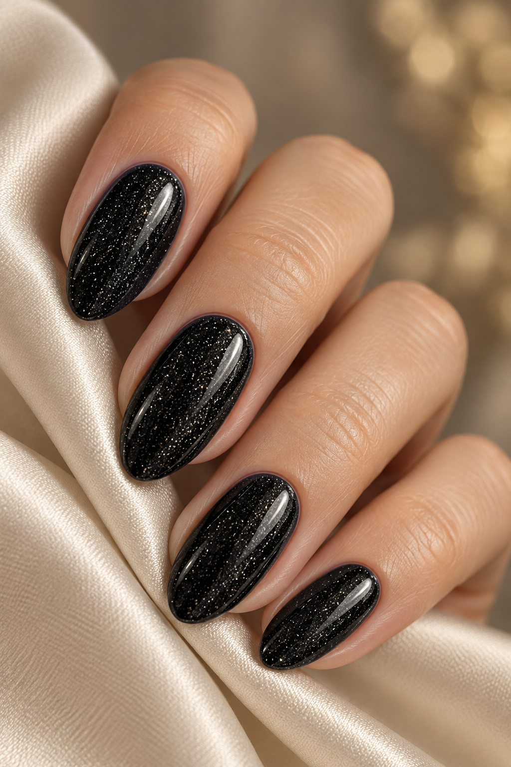 black nail ideas for mother of the groom: glossy black almond nails