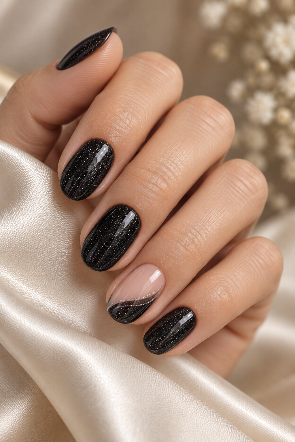 black nail ideas for mother of the groom: silver glitter accent