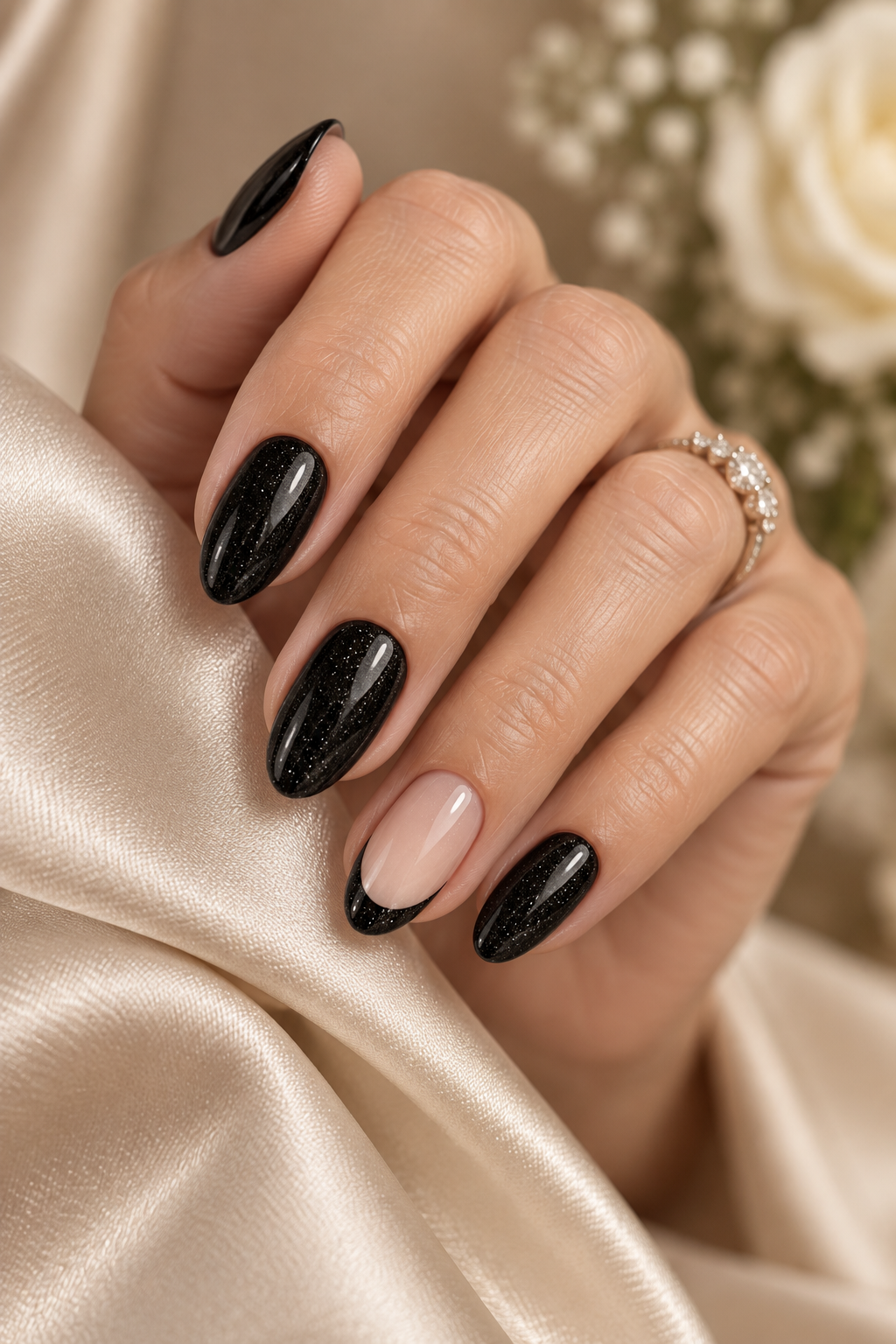 black nail ideas for mother of the groom: black micro hearts