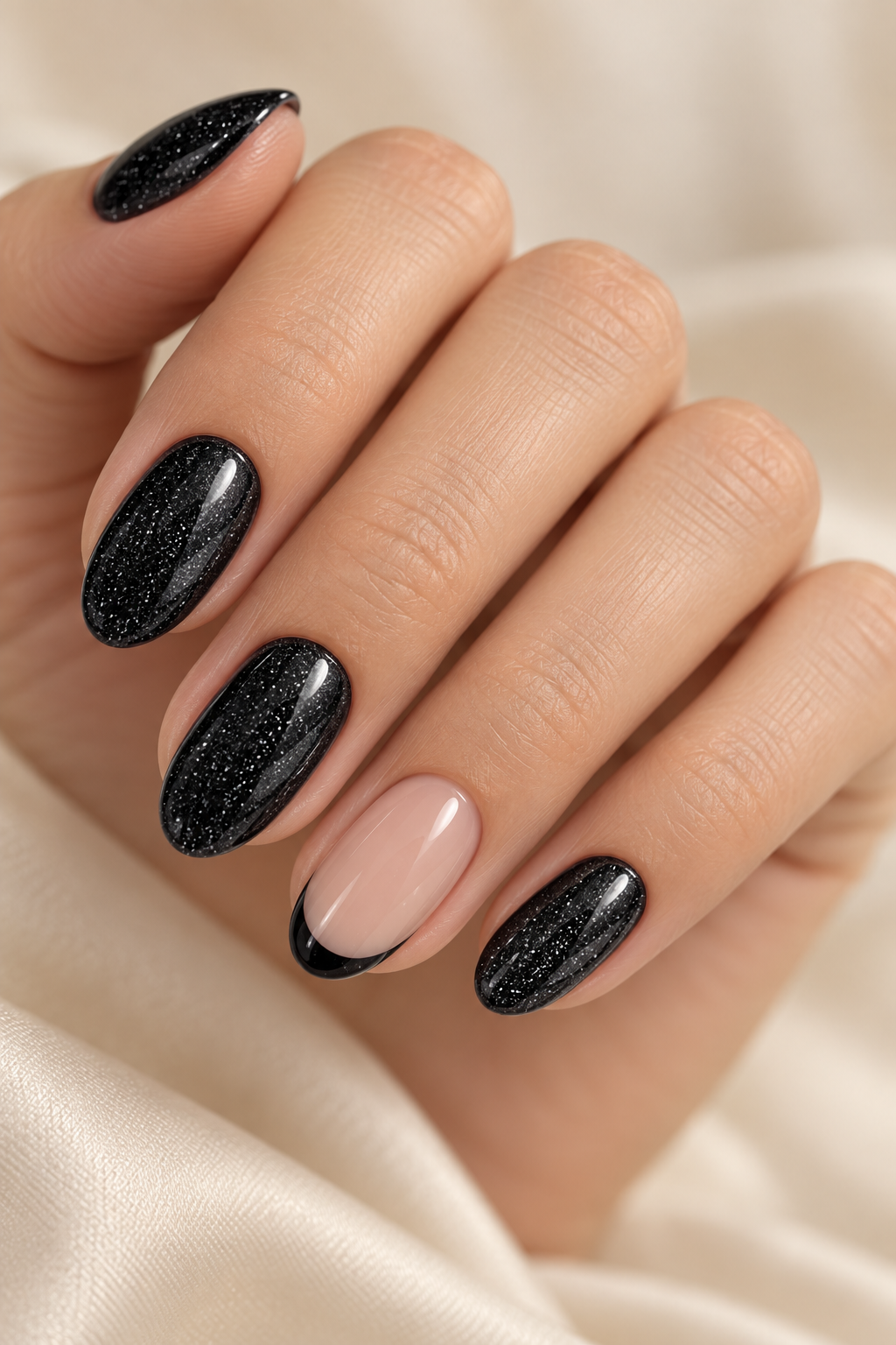 black nail ideas for mother of the groom: glossy black with gold lines