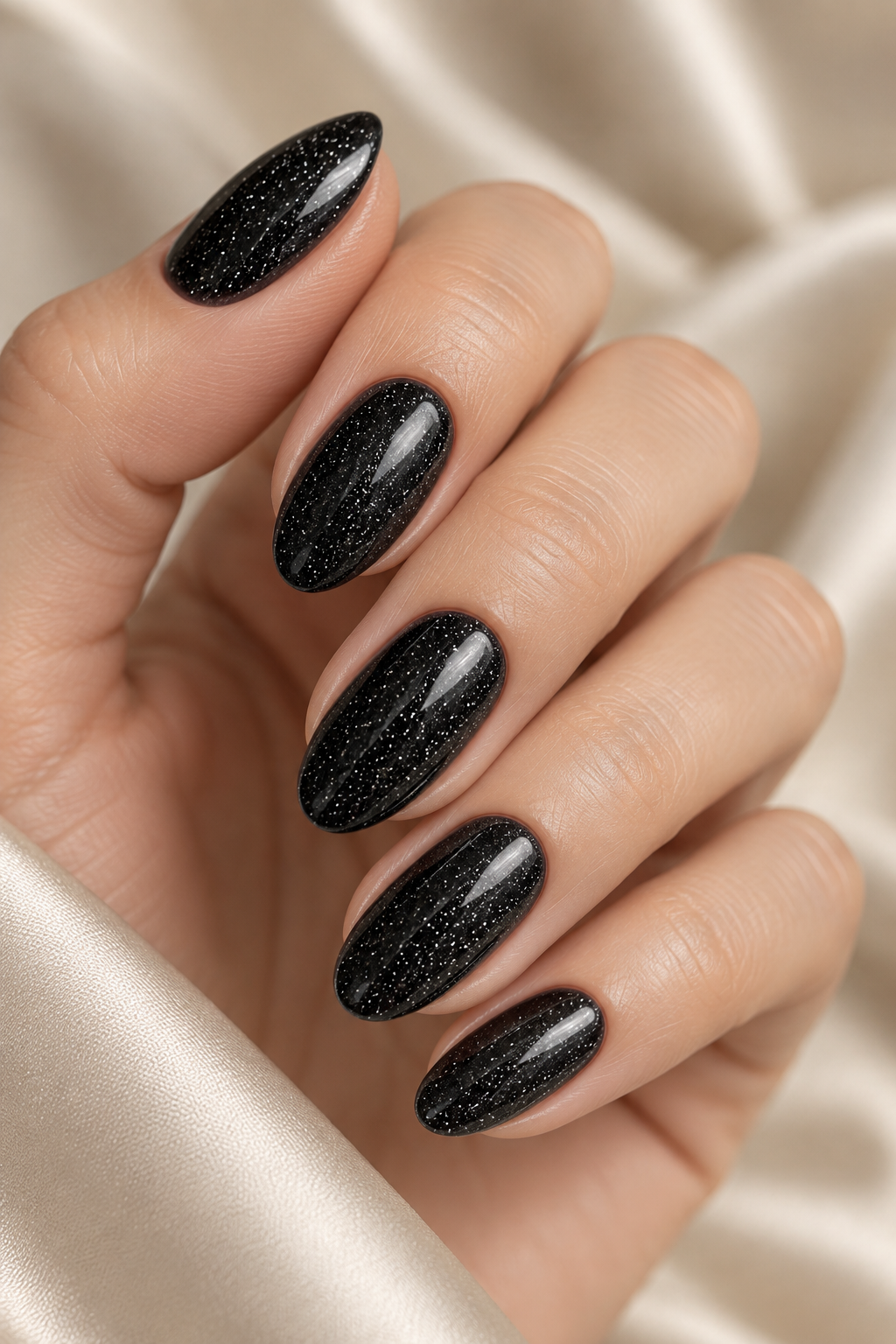 black nail ideas for mother of the groom: satin black with rhinestone accent