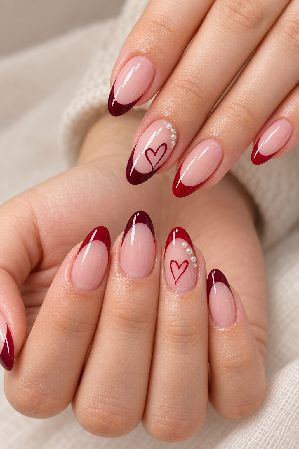 Tiny heart accents Valentine’s nail idea