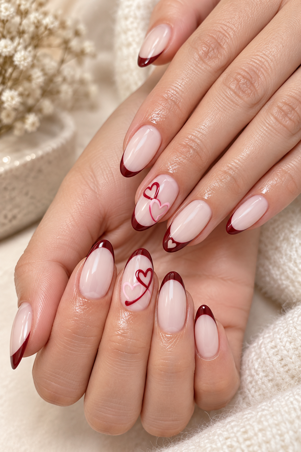 Romantic red florals Valentine’s nail idea