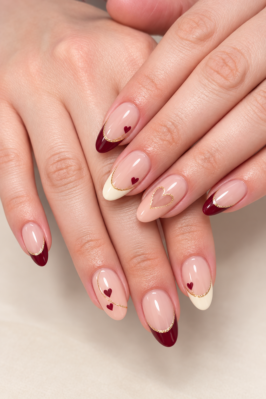 Negative-space hearts Valentine’s nail idea