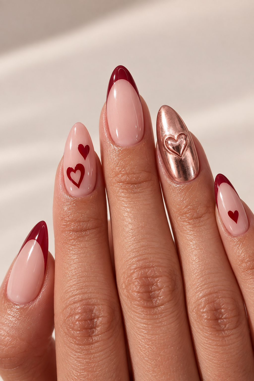 Rose-pink shimmer Valentine’s nail idea