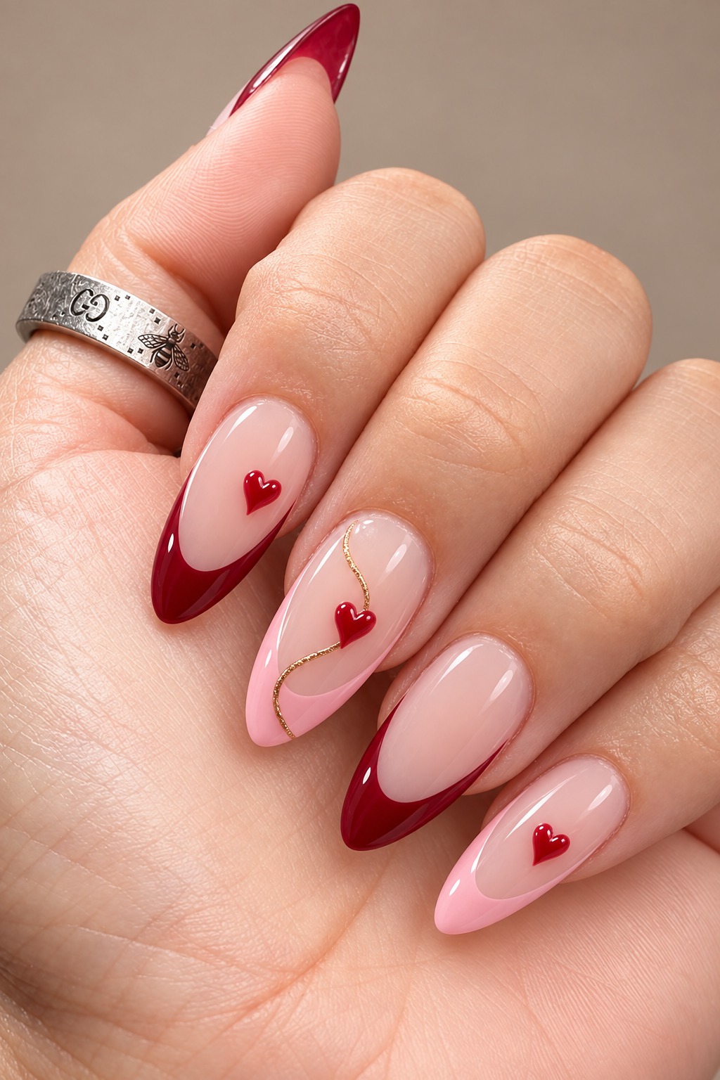 Short square love notes Valentine’s nail idea