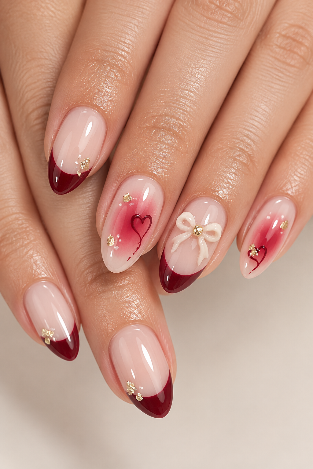 Deep wine details Valentine’s nail idea