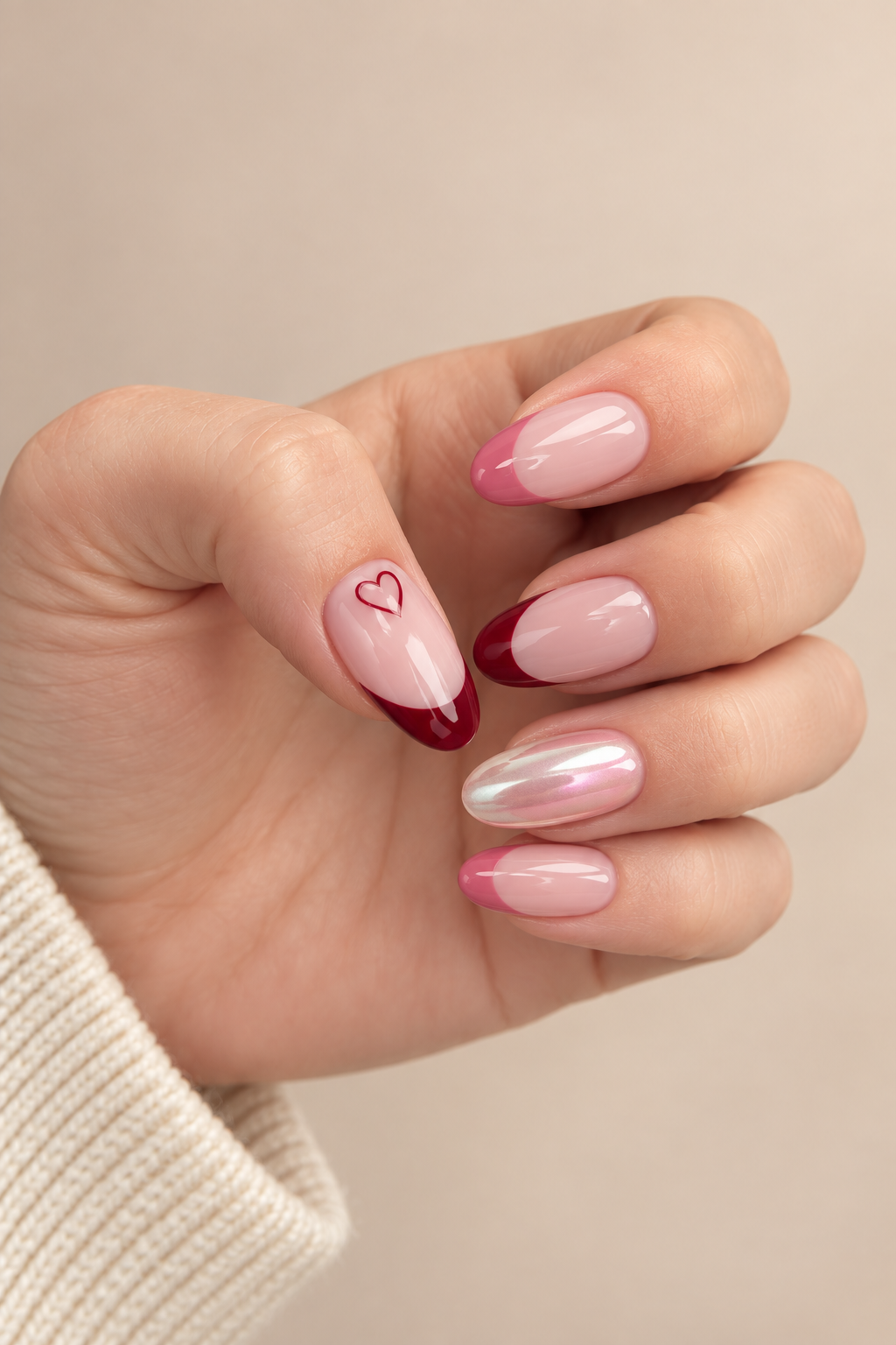 Red-and-pink contrast Valentine’s nail idea