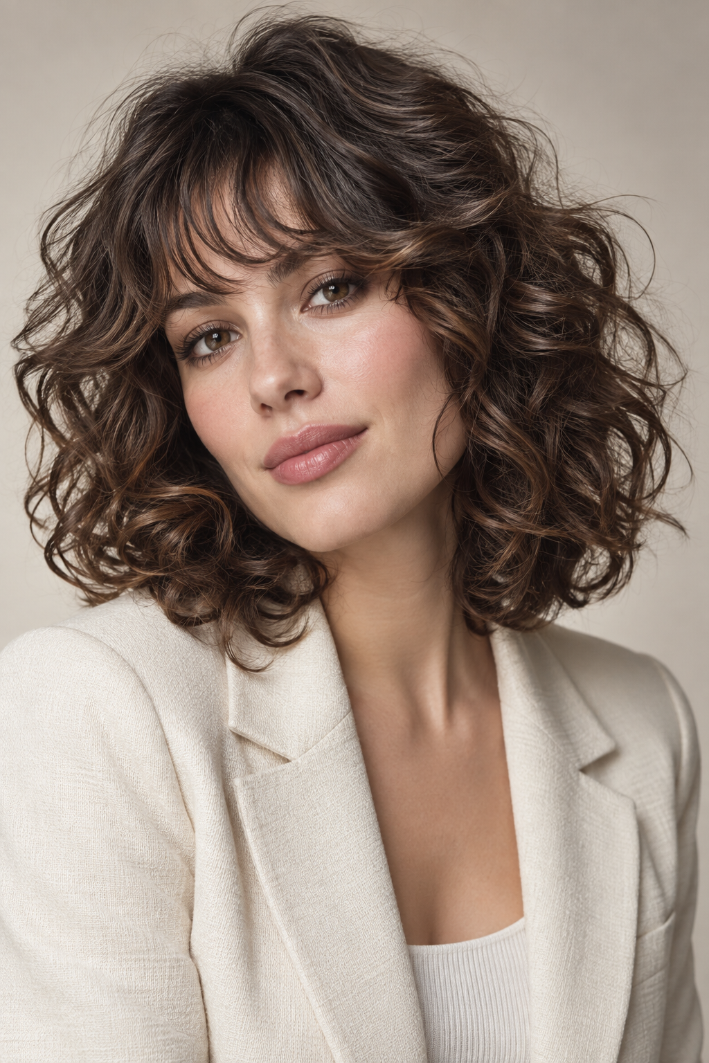 lob with bangs: soft curly lob with piecey bangs