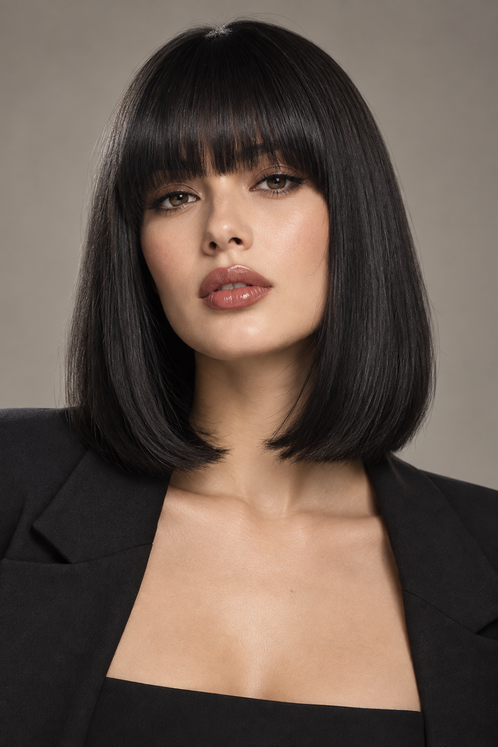 lob with bangs: sleek black lob with full fringe