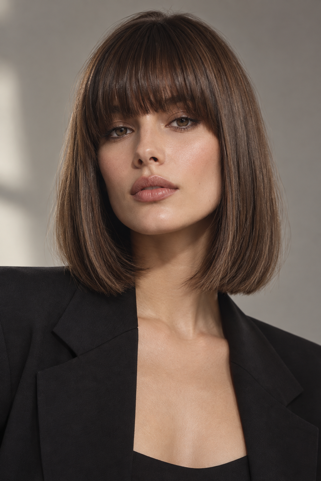 lob with bangs: chic lob with sleek full bangs