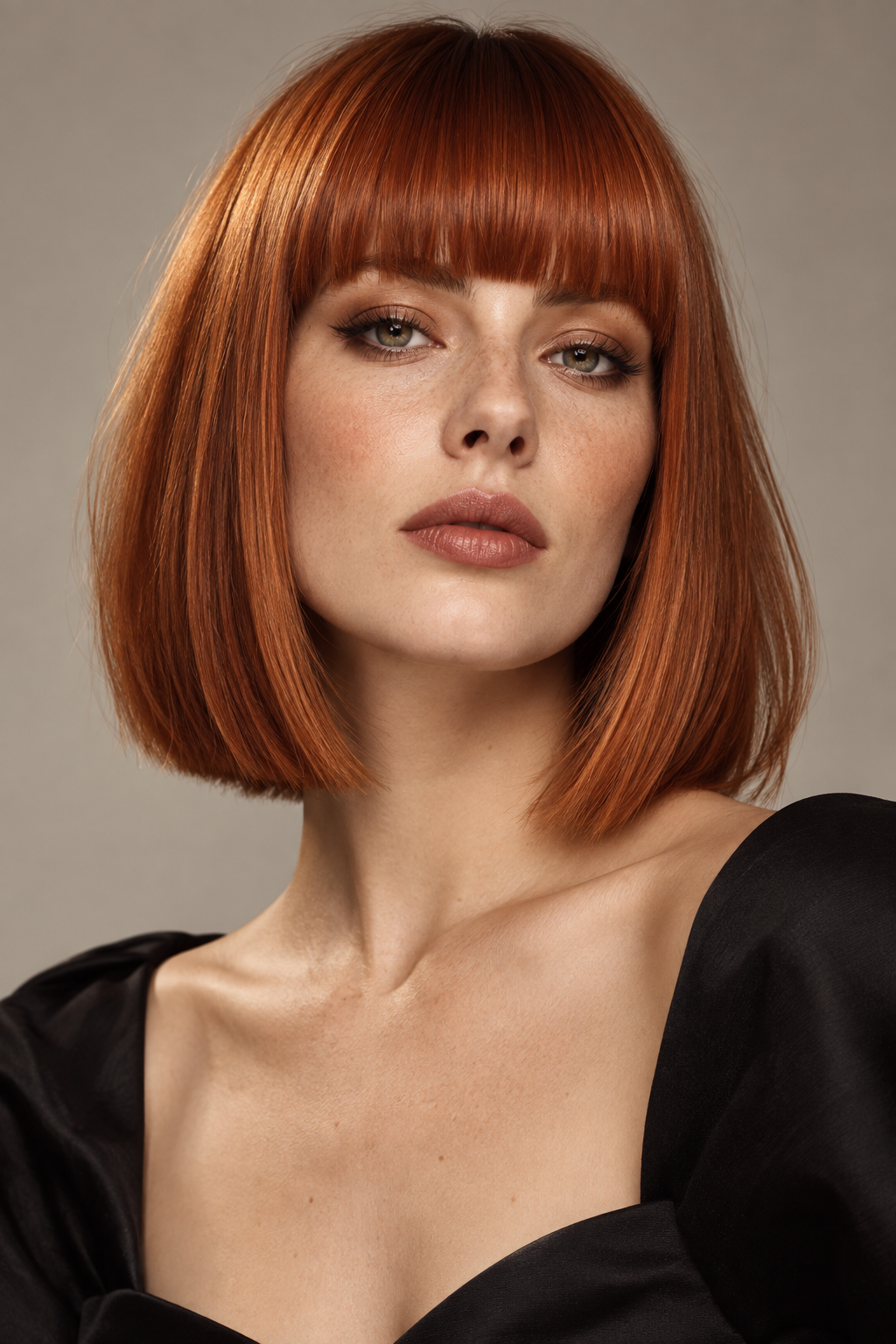 lob with bangs: sharp copper lob with blunt bangs