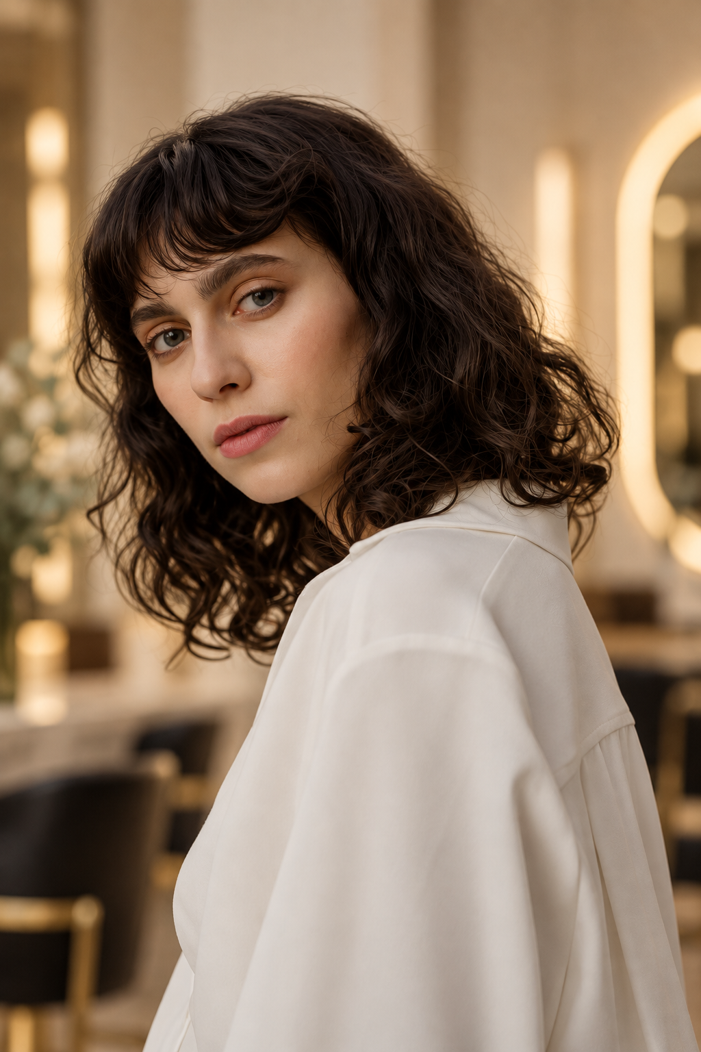 lob with bangs: soft curly lob with feathered bangs