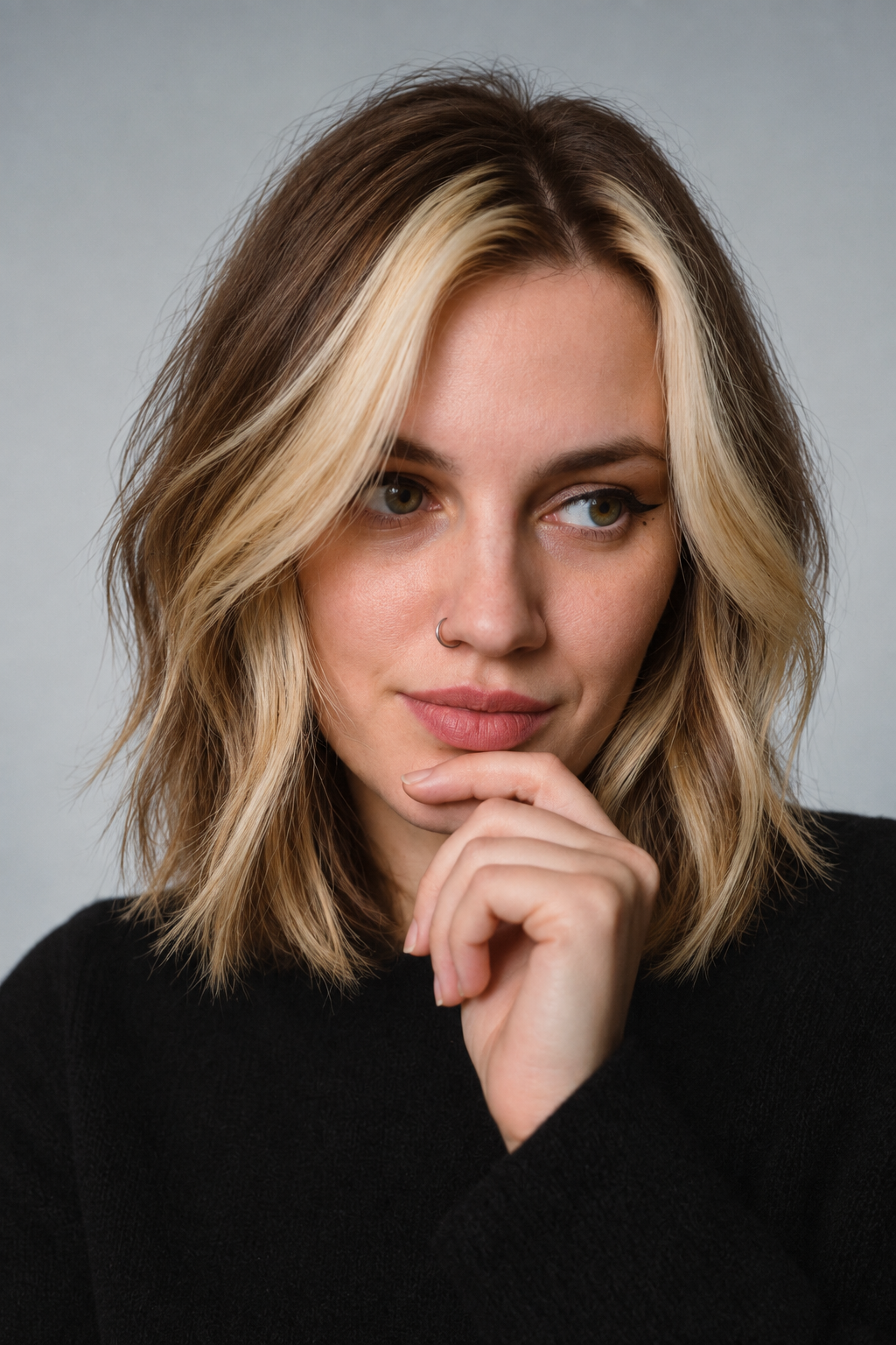 lob with bangs: face framing lob with blonde money pieces