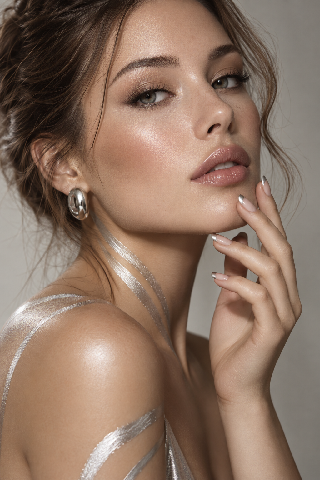 subtle nail ideas: soft neutral with silver stripes