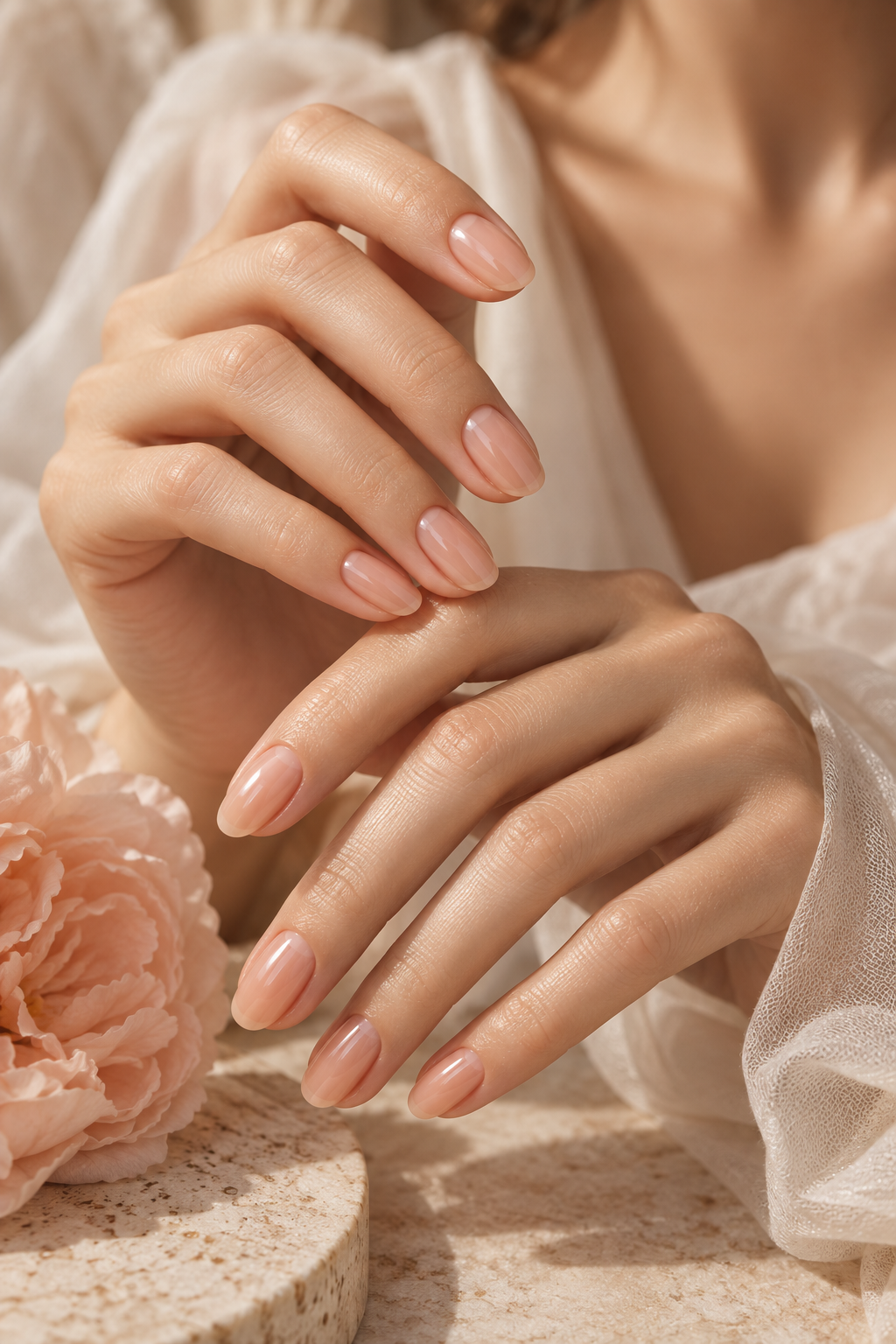 subtle nail ideas: peach-toned sheer nails