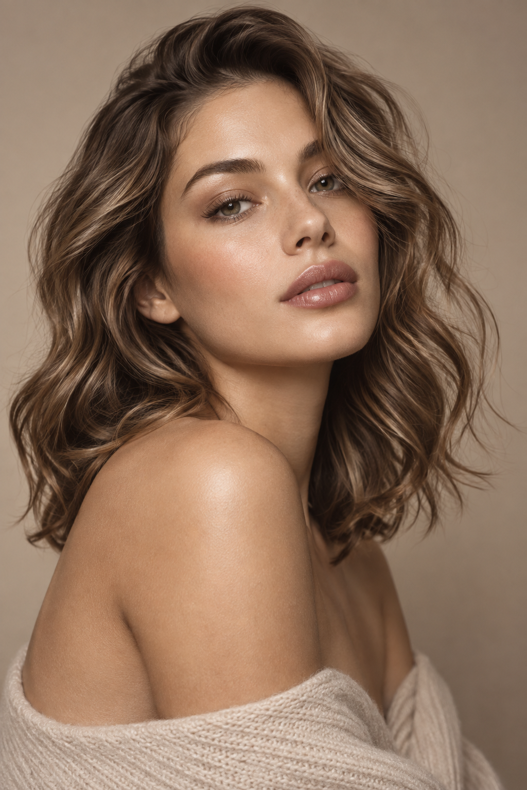 Soft center-part wavy medium length hairstyle