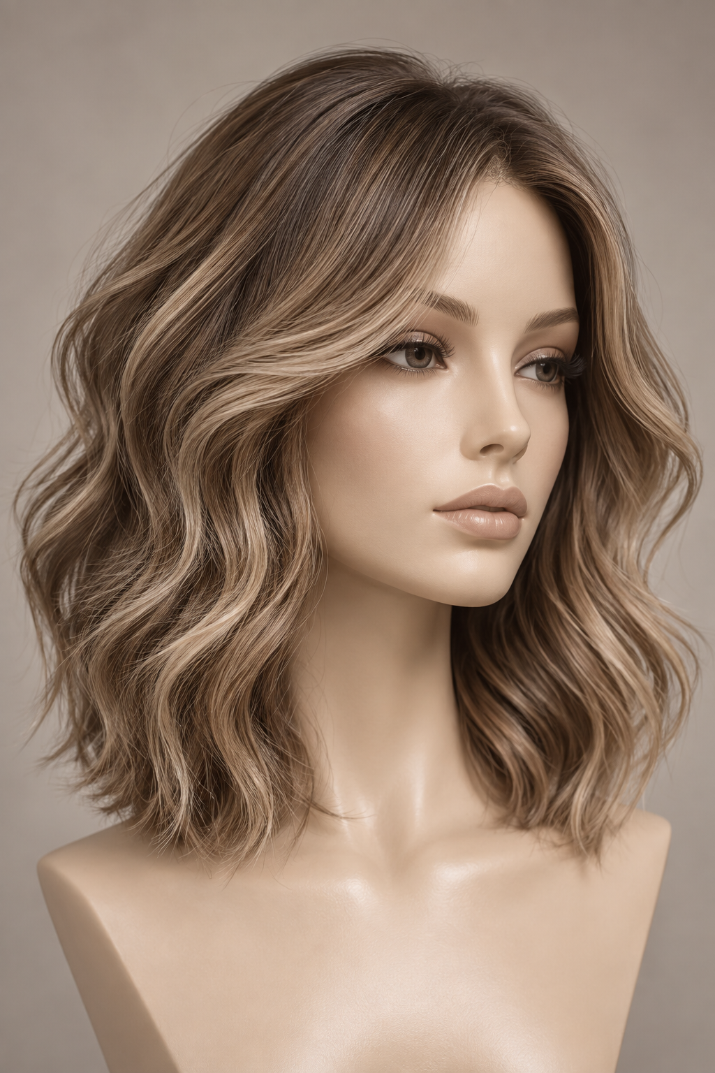 Defined glossy wavy medium length hairstyle
