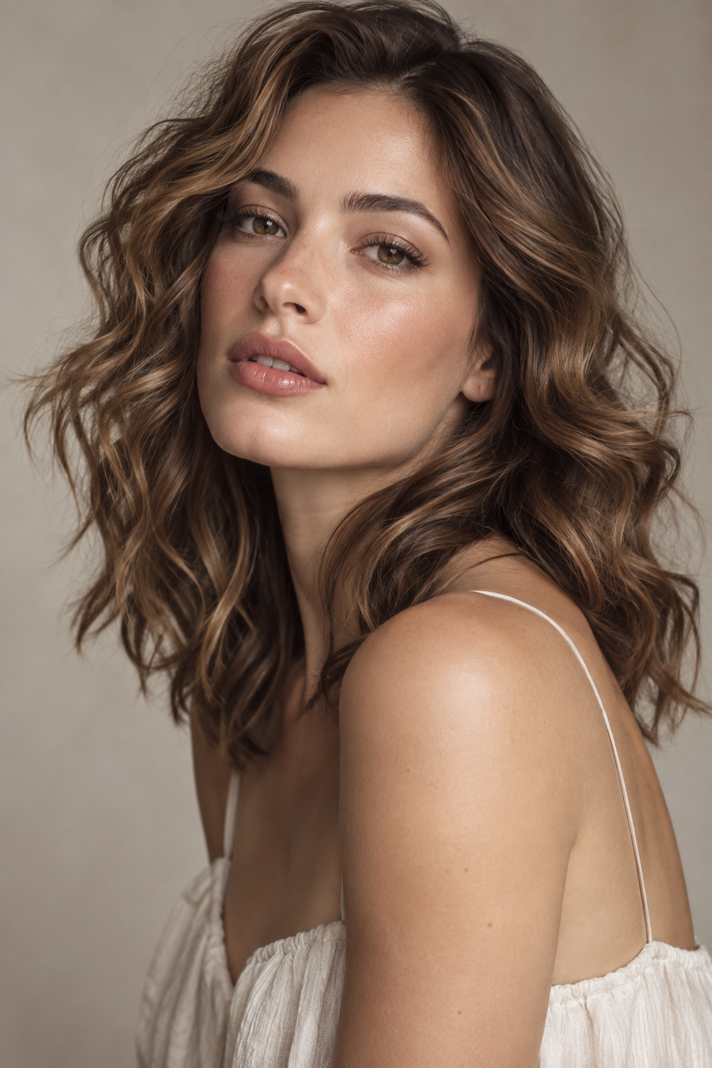 Long-layered wavy medium length hairstyle