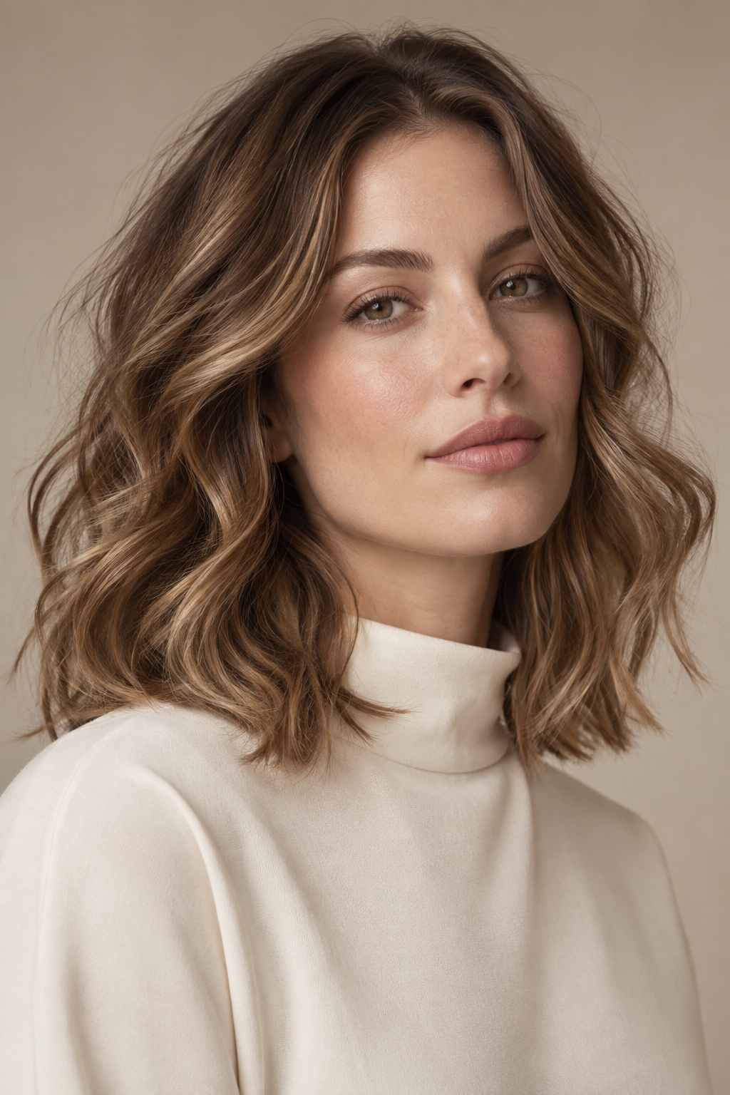 Statement sculpted wavy medium length hairstyle
