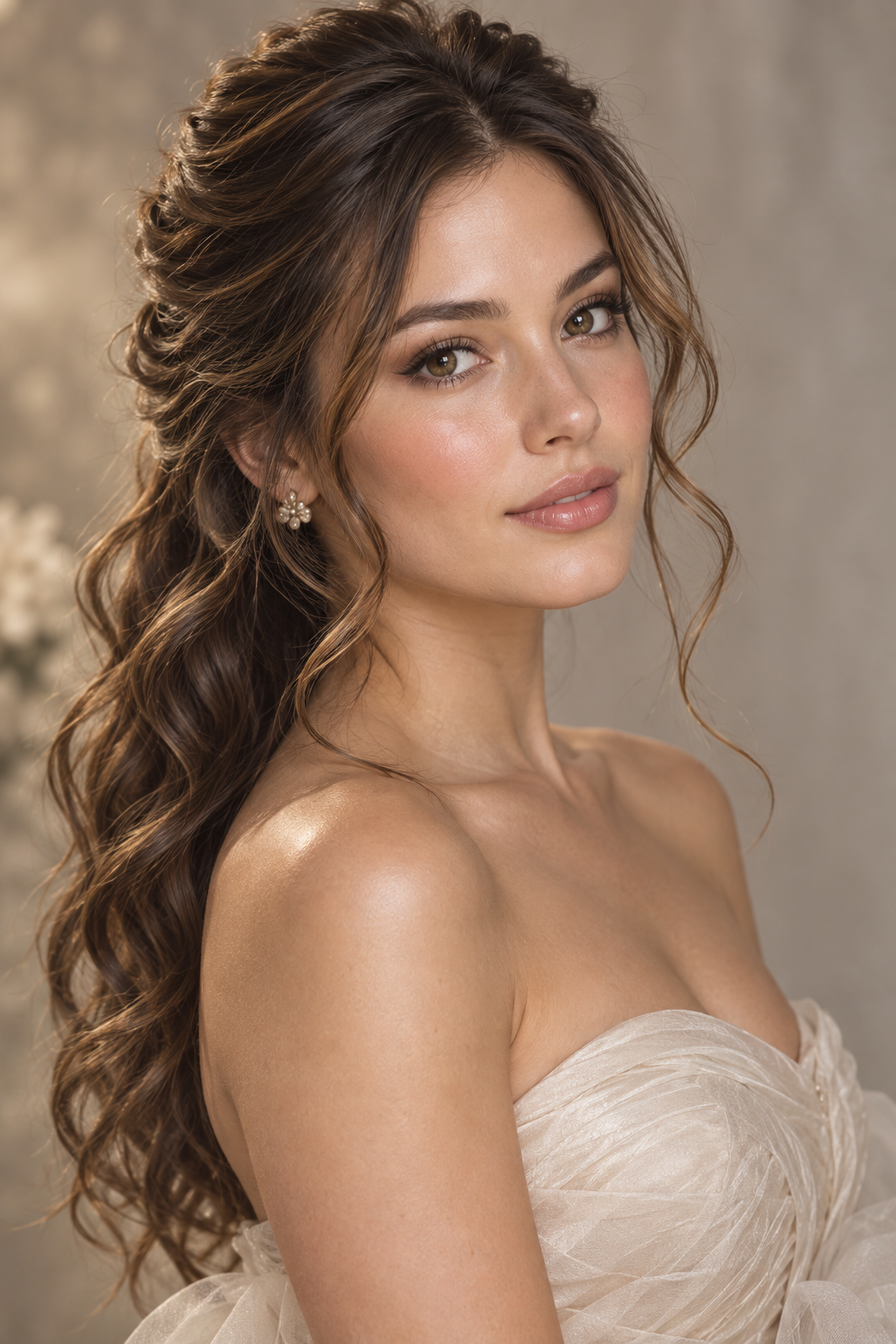 hairstyles for strapless dresses: half-up soft curls