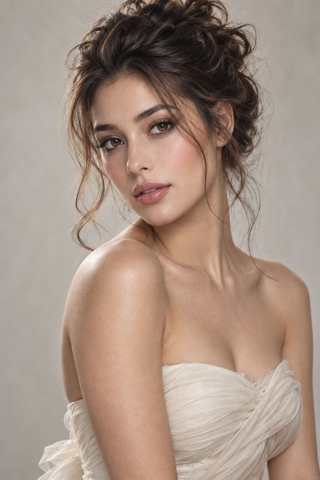 hairstyles for strapless dresses: messy textured updo