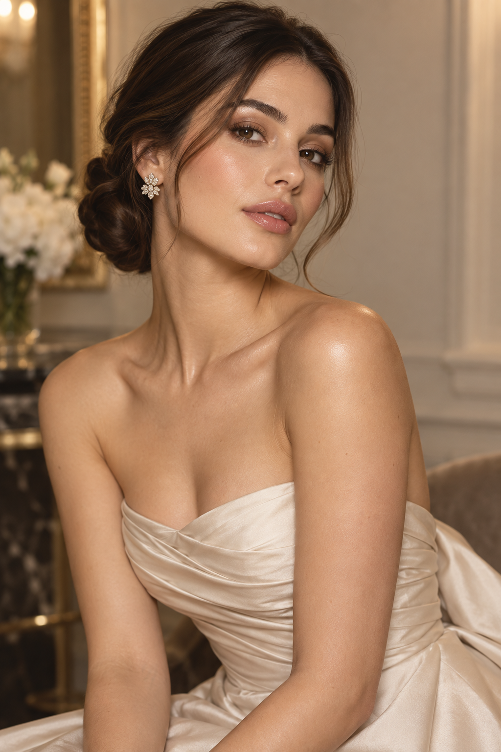 hairstyles for strapless dresses: low twisted bun