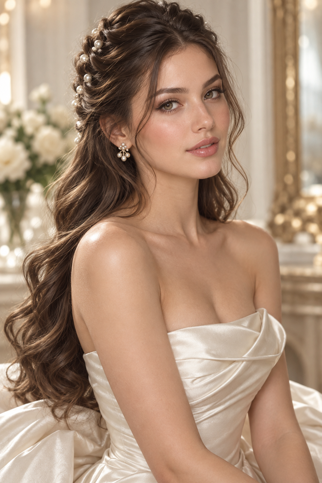 hairstyles for strapless dresses: pearl-detail half-up style