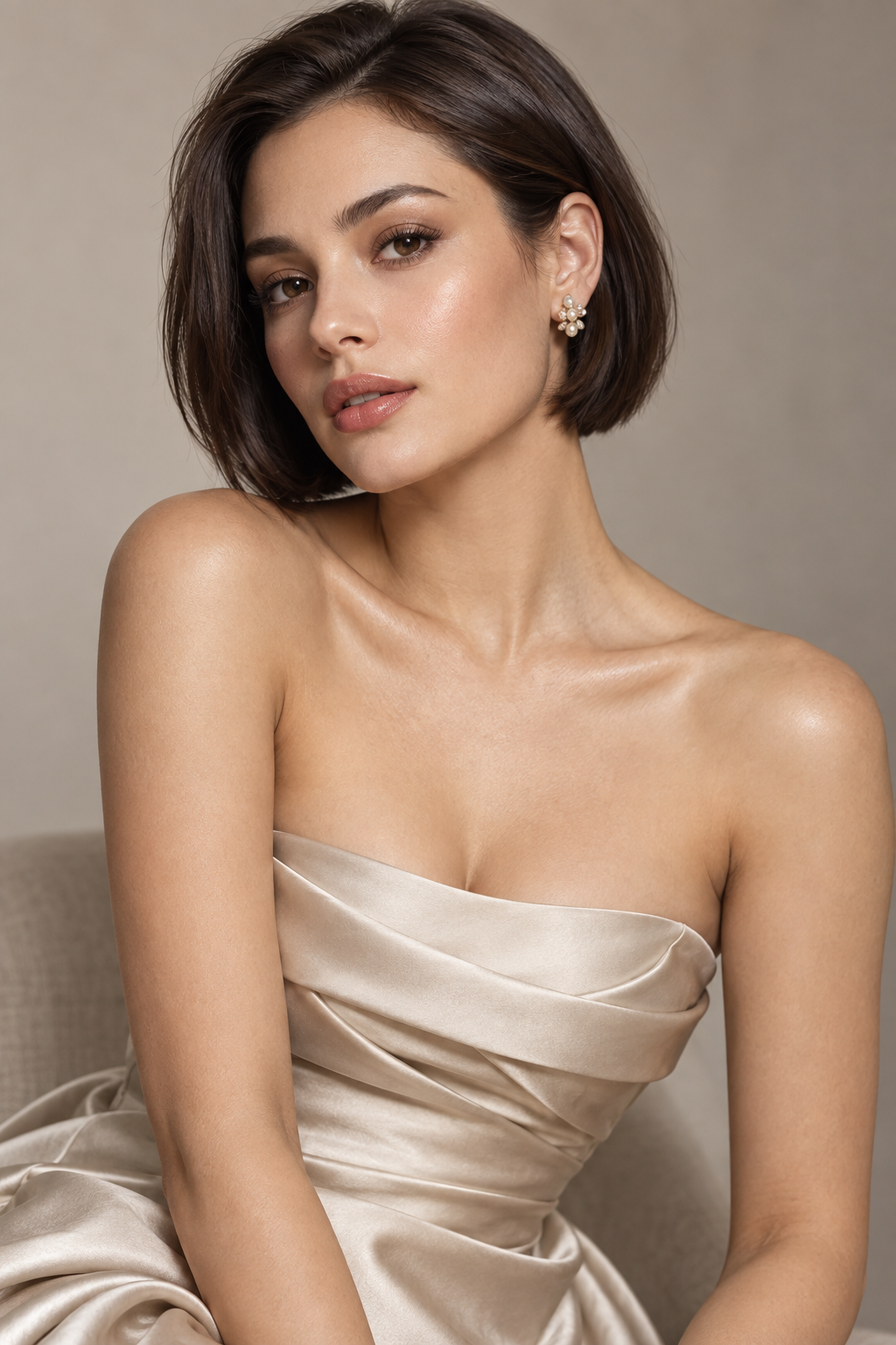 hairstyles for strapless dresses: elegant tucked bob