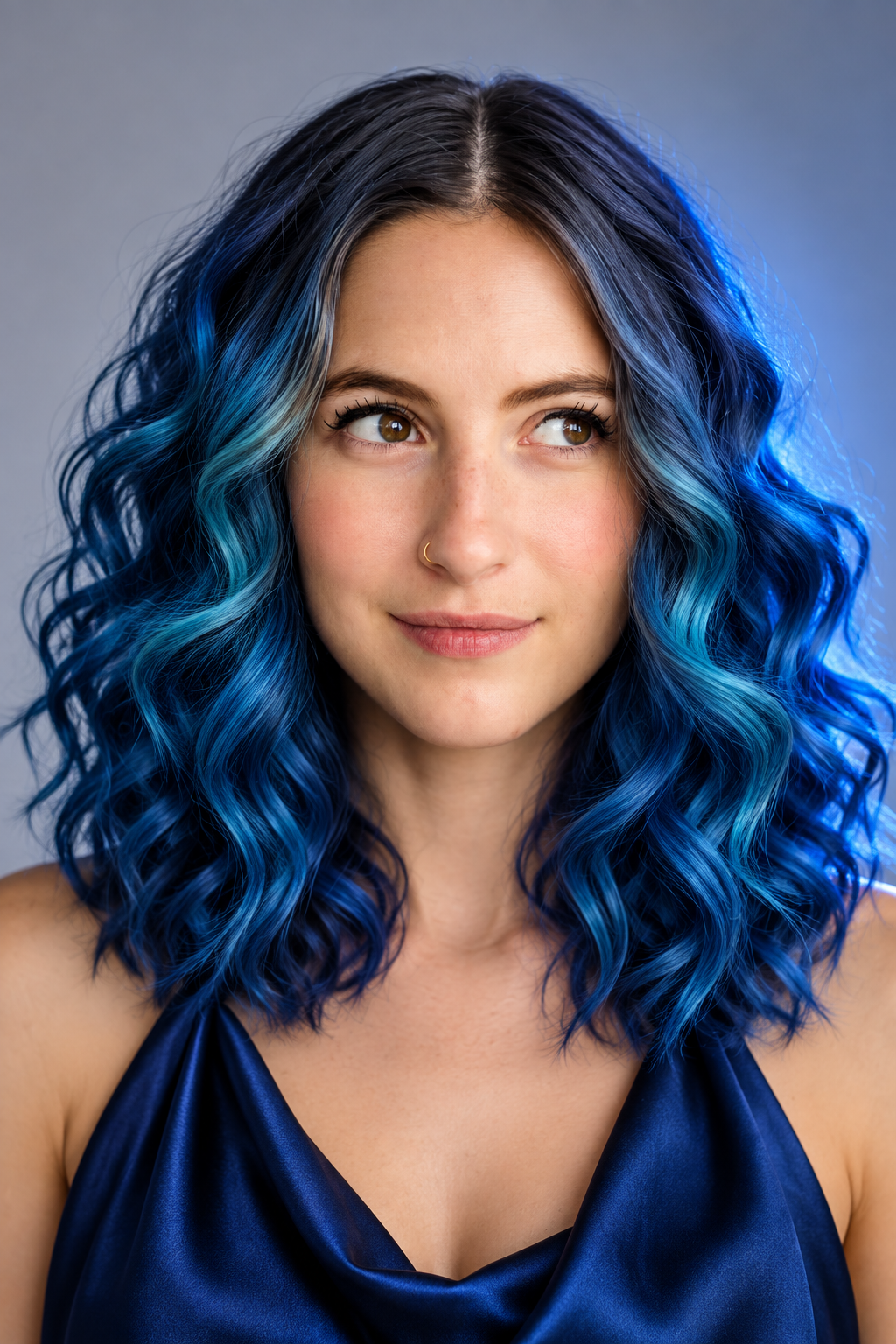 alternative hair color ideas: make waves with electric blue curls