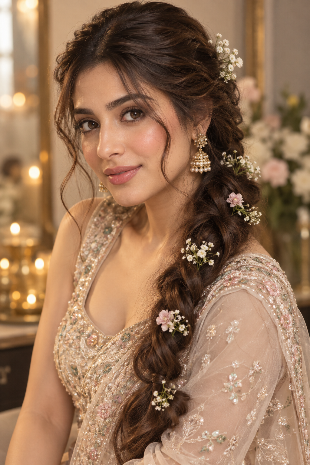 Indian wedding hairstyles: side braid with flowers