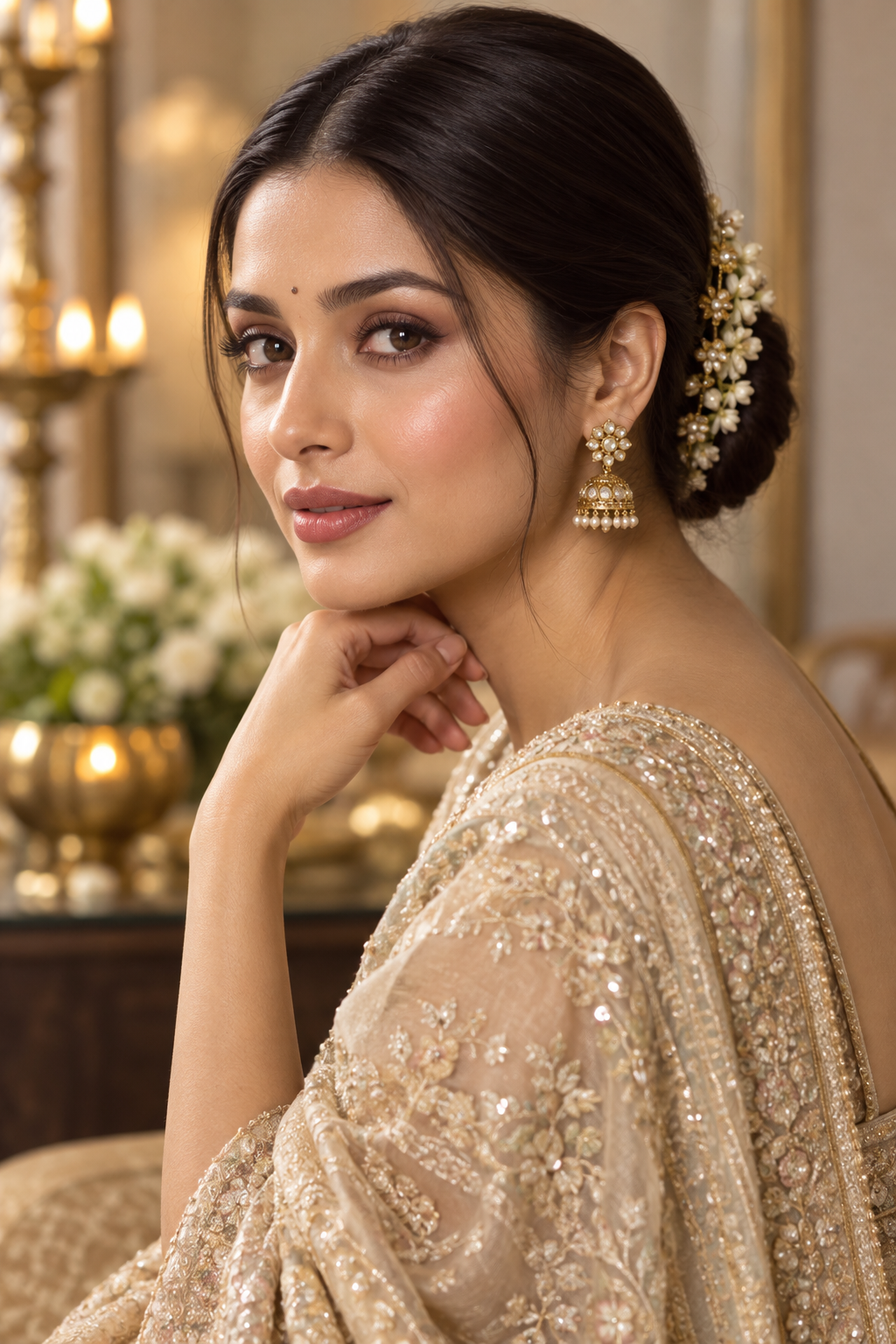Indian wedding hairstyles: sleek center-part bun