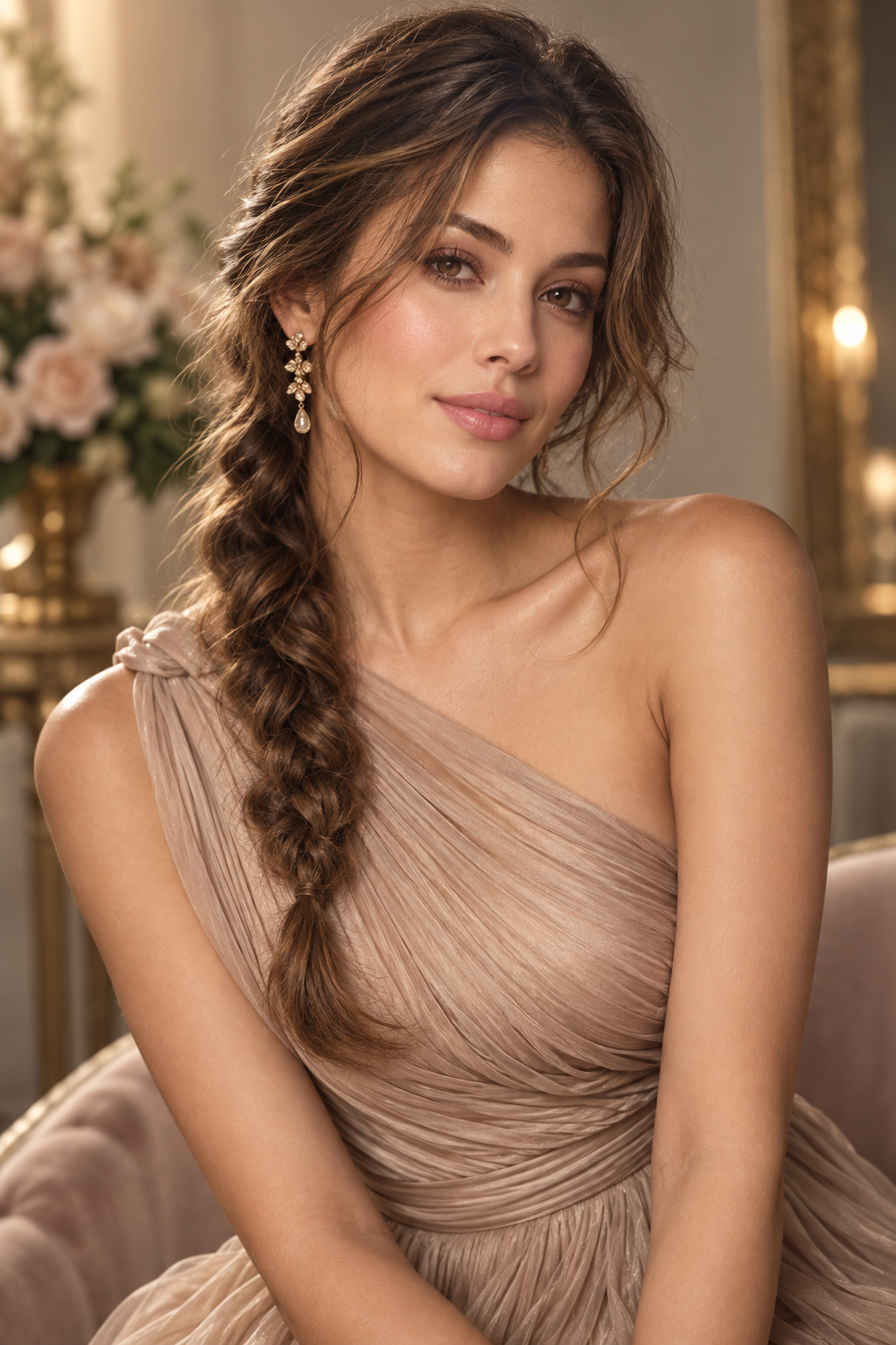 one shoulder dress hairstyles: romantic side braid